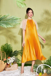 Pleated Silk Midi Dress with Sheer Flutter Sleeves